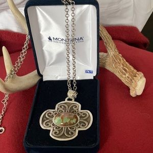 Montana Silversmiths 30” silver necklace with large turquoise pendant.  NWT
